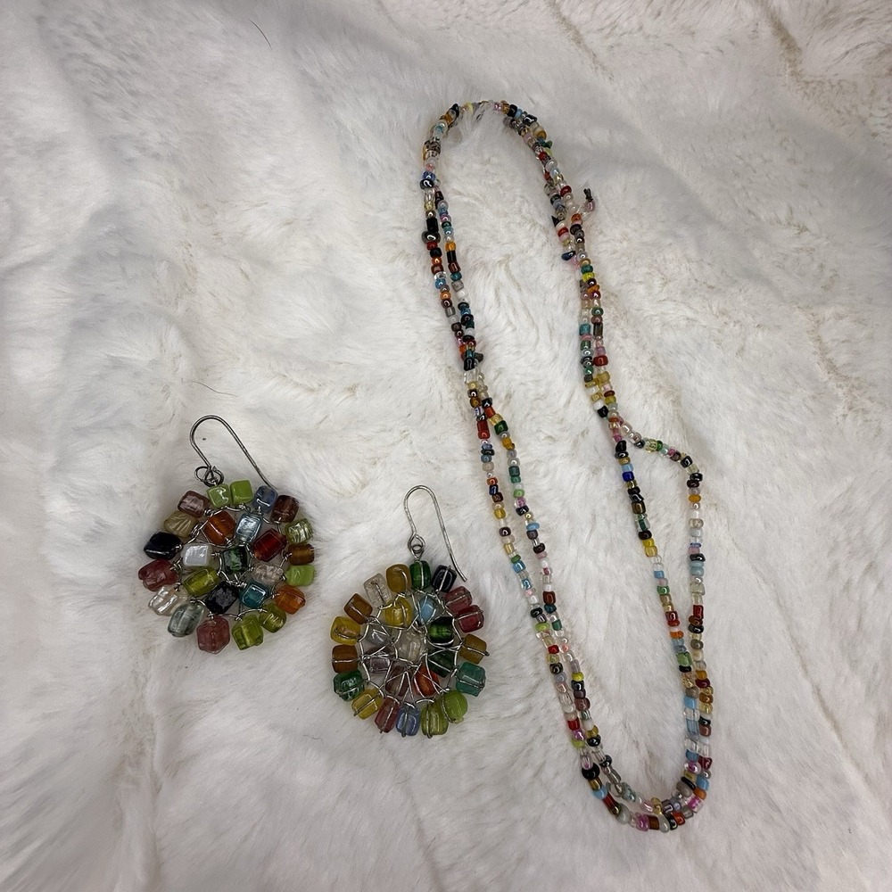 Hand Made Beaded Necklace And Earrings Multicolor Costume Jewelry